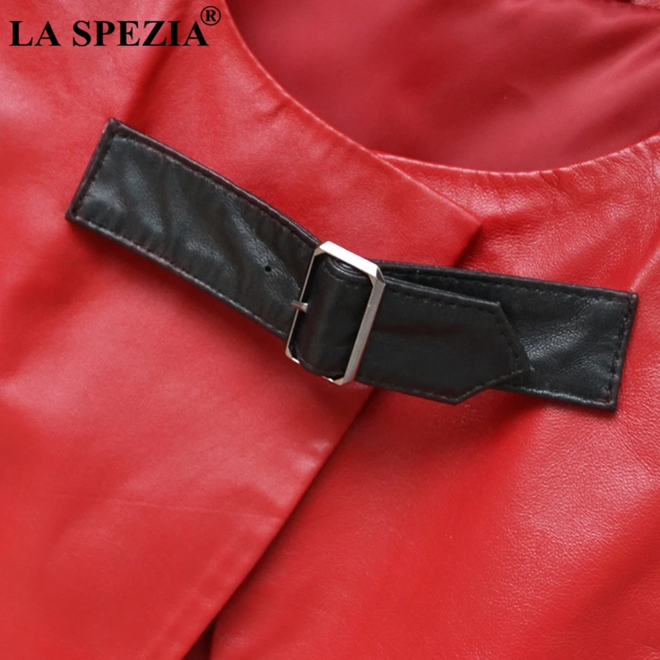 LA SPEZIA Women Red Vests Genuine Leather Jackets Fashion Ladies Sheepskin Warm Slim Fit Female Elegant Autumn Winter Waistcoat