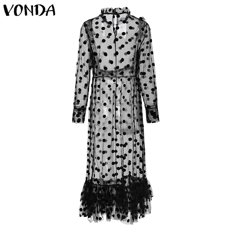 VONDA женское кружевное платье богемное сексуальное открытое платье длиной до пола летнее праздничное винтажное платье в горошек с принтом Vestido Плюс Размер