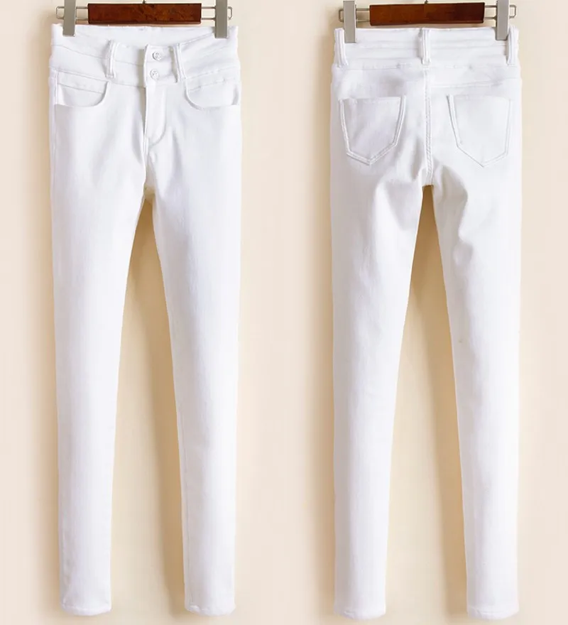 Зимние теплые джинсы с высокой талией, женские Стрейчевые офисные облегающие узкие брюки, модные бархатные белые черные джинсовые брюки на молнии