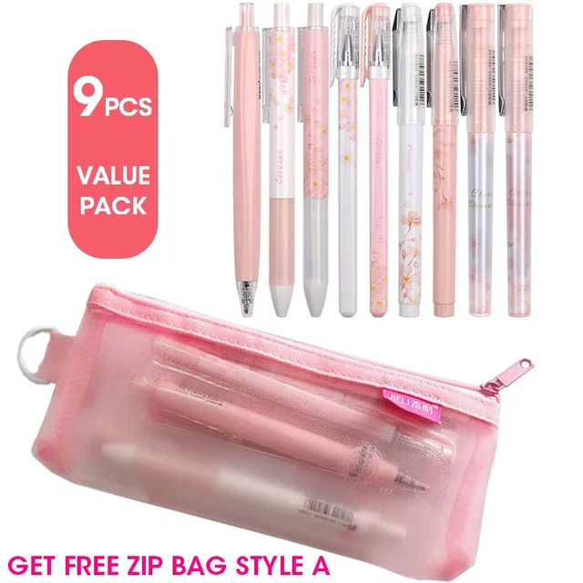M&G Sakura Pink Cute Kawaii Gel Pen Set Black Gel Ink Pens 0.5mm 0.38mm Retractable for school supplies gelpen stationery roller 9 Pcs Value Pack A