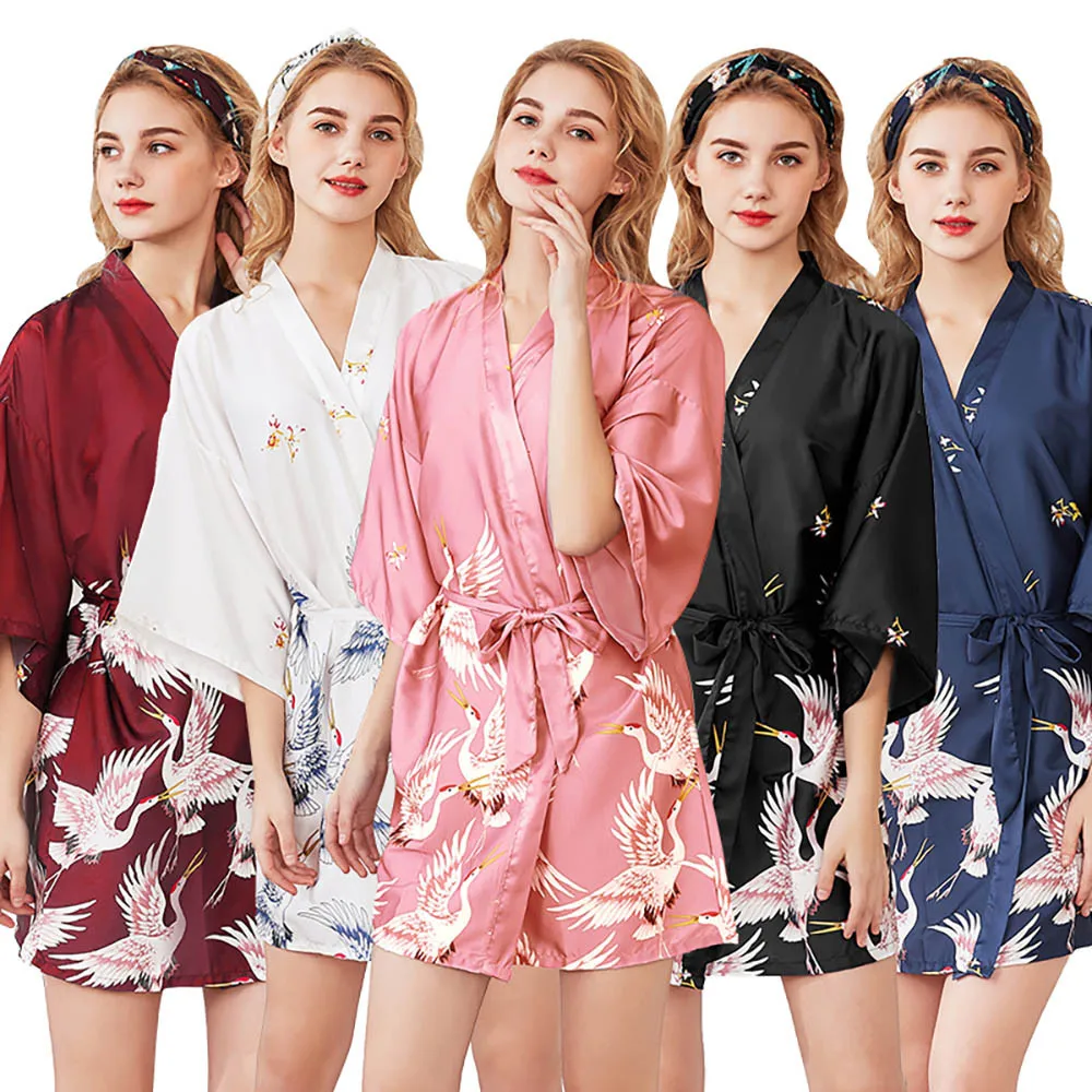 

Women's Short Satin Robe Half Sleeve V-neck Crane Kimono Bathrobe Ladies Japanese Yukata Dress Nightgown Sleepwear