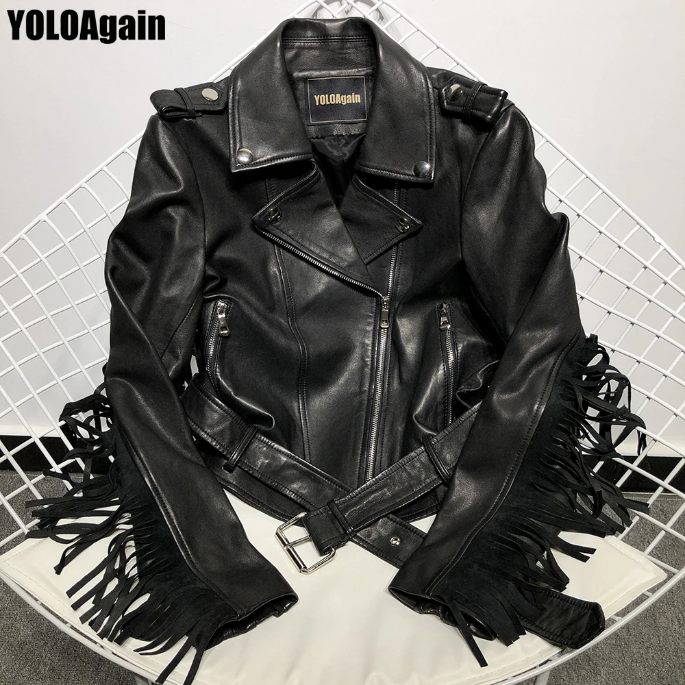 

YOLOAgain Women genuine leather jacket ladies lapel long sleeve back tassel real leather jacket