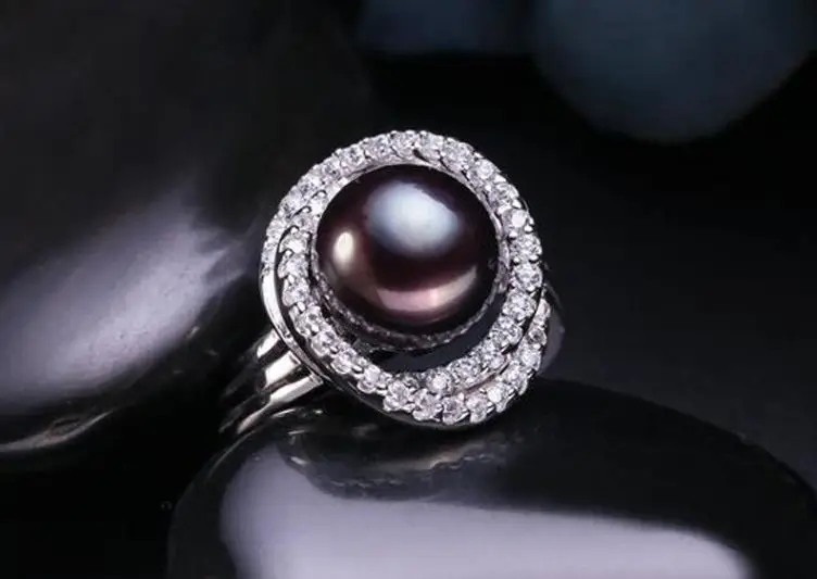 ASHIQI Настоящее 925 пробы Серебряное кольцо 10-11 мм большой натуральный пресноводный жемчуг ювелирные изделия для женщин свадьбы и события - Цвет камня: Черный