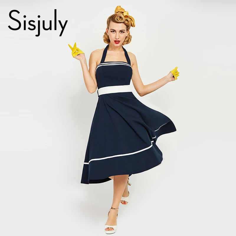 Sisjuly Women Vintage Dress 1950s Style Sexy Spaghetti Strap Sashes Lace Up Bow Retro Dresses