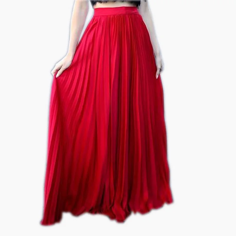 

Trendy Red Pleated Chiffon Long Women Skirts 2018 Custom Made Chic Zipper A Line Floor Length Solid Maxi Skirts