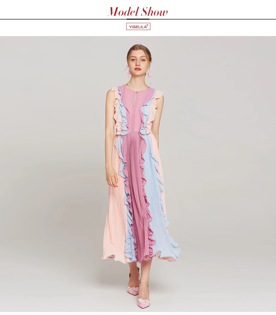 YIGELILA, женское летнее платье для дня рождения, модное платье без рукавов с круглым вырезом, приталенное платье до лодыжки, лоскутное платье с оборками, 63410