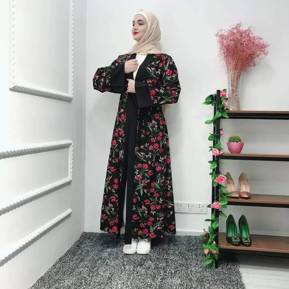 Женское кимоно abaya Открытое Спереди Длинное Макси-платье рубашка мусульманское Jilbab Печатный кардиган Исламская одежда, Дубай турецкие