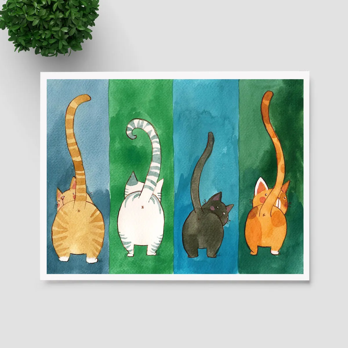 Watercolor Cat Art Print Poster Green Yellow Art Wall Hanging Wall