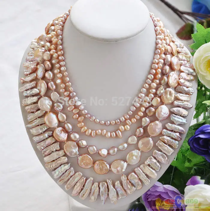 

Wholesale fast 5row 20" LAVENDER BAROQUE RICE BIWA COIN FRESHWATER pearl necklace AAA