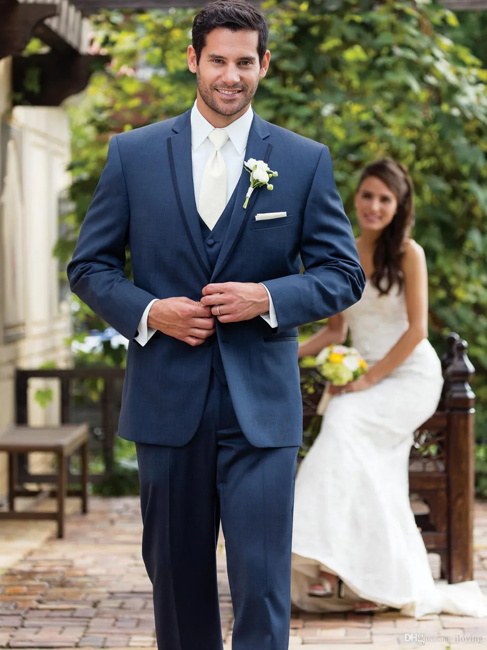 Cheap2016Custom Hecho Novios Desgaste Traje Azul Marino Novio Esmoquin