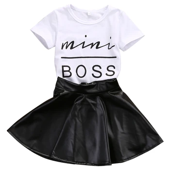 

Toddler Kids Girl Clothes Set 2018 New Fashion Summer Short Sleeve White Cotton T-shirt Tops+Leather Skirt 2Pcs Children Clothes