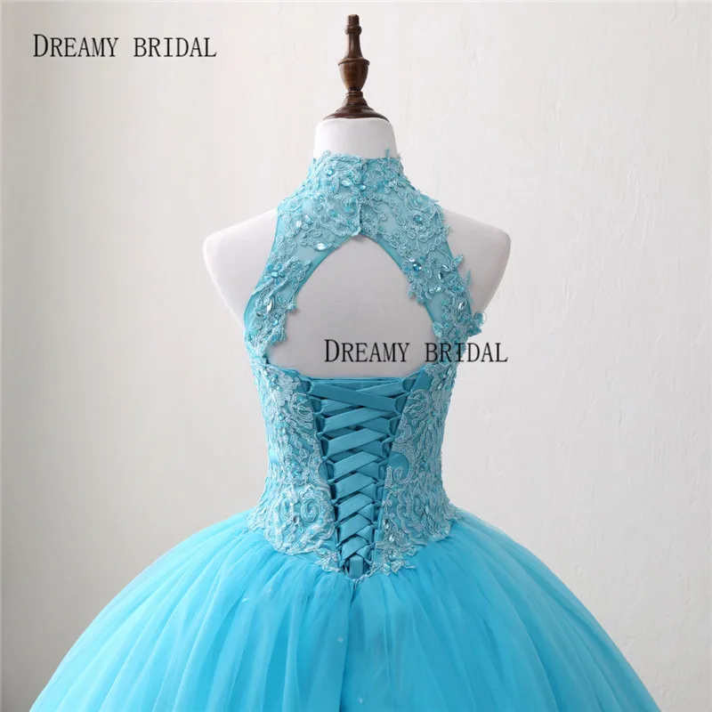 Bridal Quinceanera Dress Ball Gown Sweety Blue Halter Vestidos de 15 Anos Beaded Debutante Longo Kep Hole Back Princesa