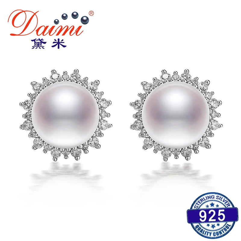 

DAIMI 925 Silver Earrings 9-9.5mm Natural White Freshwater Pearl Earrings Big Stud Earrings Luxury Jewelry Gift For Women