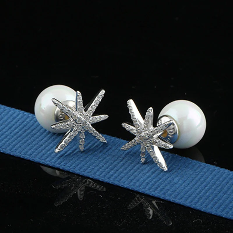 

2019 new S925 Sterling Silver Star Pearl Stud Earrings Fine mosaic Snowflake shape Two methods of wearing Fashion free shipping