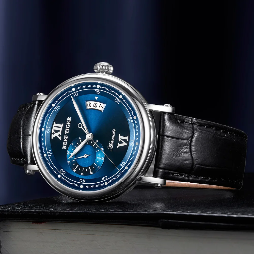  2019 Reef Tiger/RT Luxury Business Watch for Men Blue Leather Strap Fashion Mechanical Watches Big 