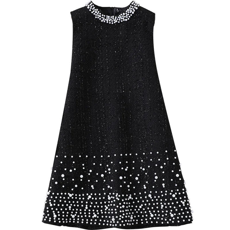 

autumn Winter new women heavy beaded o-neck slim woolen vest dress a-line
