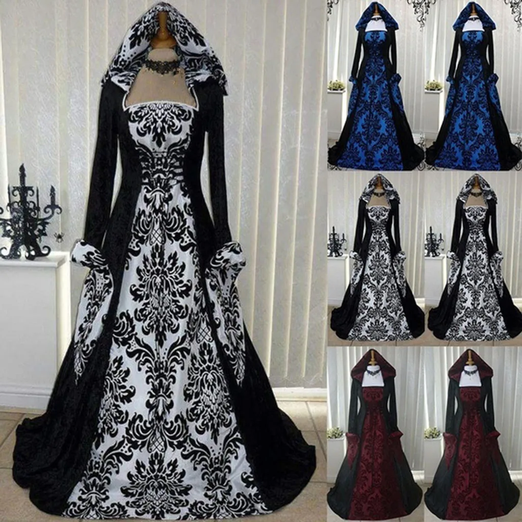 

Feitong Vintage Retro Dress Gothic Long Sleeve Clothes Dresses Cosplay Floral Printed O neck Maxi Dress Long Gown Dress vestidos