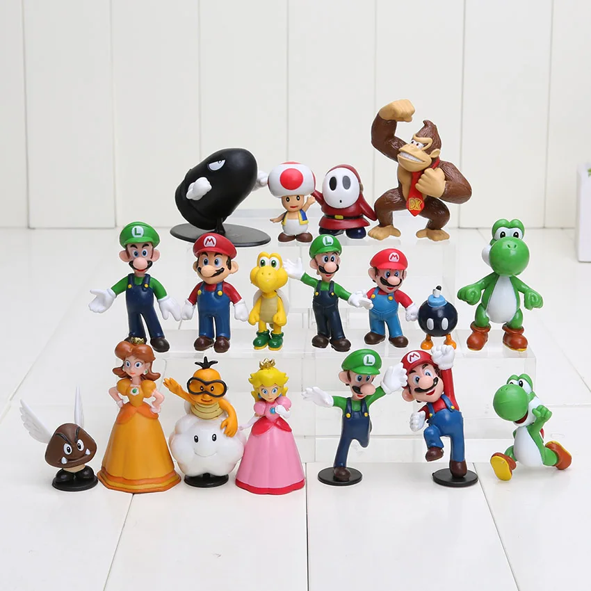 

18pcs/set Super Mario Bros 1"-2.5" Yoshi Figure toy Super Mario Luigi Peach Koopa Toad PVC Action Figures
