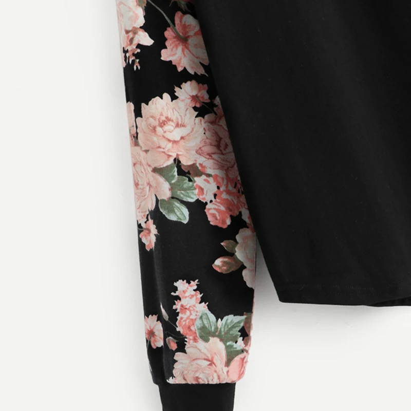 SHEIN/детская черная Повседневная футболка с цветочным принтом для девочек; одежда для детей; коллекция года; сезон весна; модные детские футболки с длинными рукавами; топы для девочек