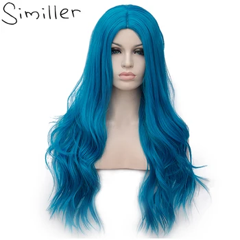 

Similler Long Body Wave Synthetic Cosplay Wigs for Women Blue Fluffy Hair Wig with Cap Halloween Gift