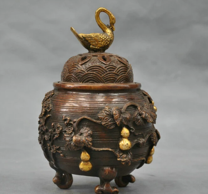

8" China Bronze Incense Burner Censer Carve Swan Gourd Vine Statue Figurine R0713