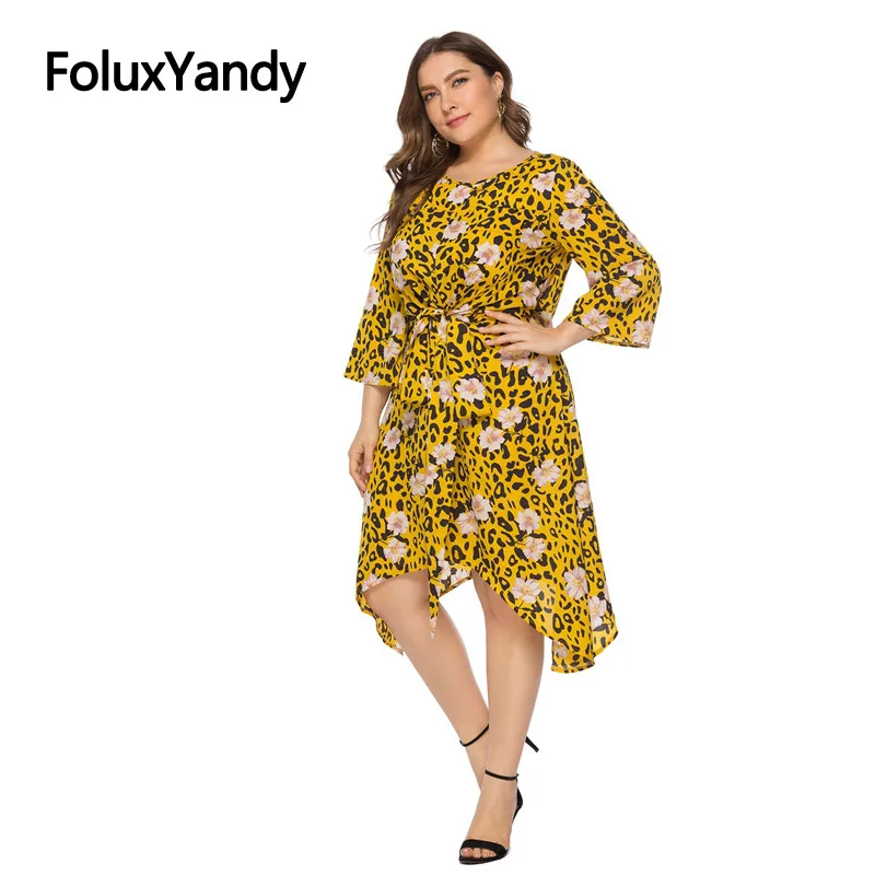 

Leopard Casual Dress Mid-Calf A-line Vestidos Floral Print Three Quarter Sleeve Plus Size Summer Dress SQQ1920