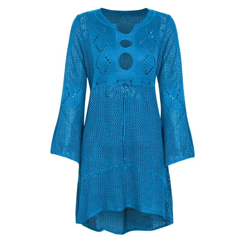 light blue Новое Женское вязаное пляжное бикини туника с длинными рукавами пляжная одежда с вырезами 19ing - Цвет: light blue
