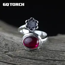 Joyería de plata de ley 925 auténtica, anillos de Rubí, anillos de mujer ovalados de corindón rojo Natural, anillos de flores Vintage de apertura