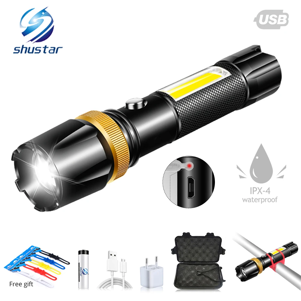 

Super bright Rechargeable Bicycle light LED+COB side lamp 6 Light mode waterproof Rotary zoom Bike front lamp Cycling lighting