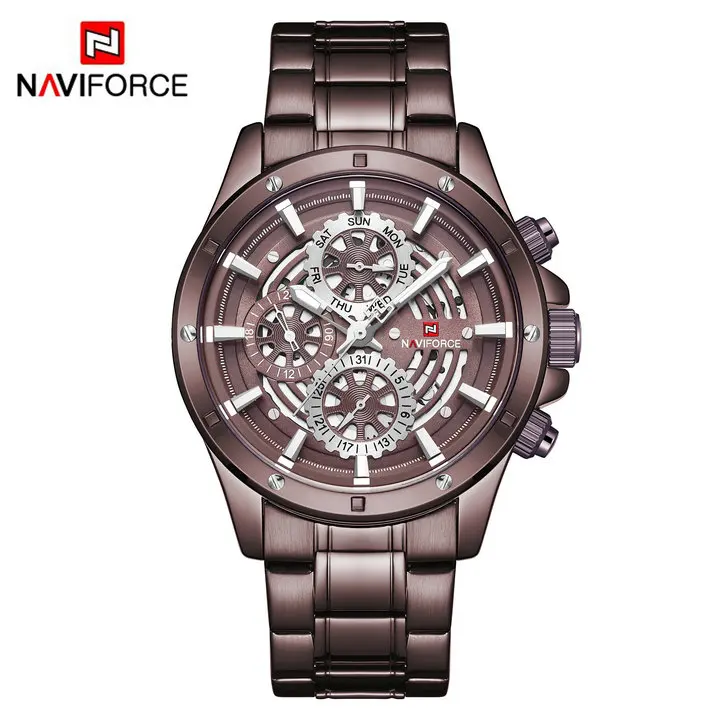 NAVIFORCE военные часы люксовый бренд мужские часы кварцевые часы из нержавеющей стали ремешок водонепроницаемый хронограф модные наручные часы - Цвет: COFFEE COFFEE