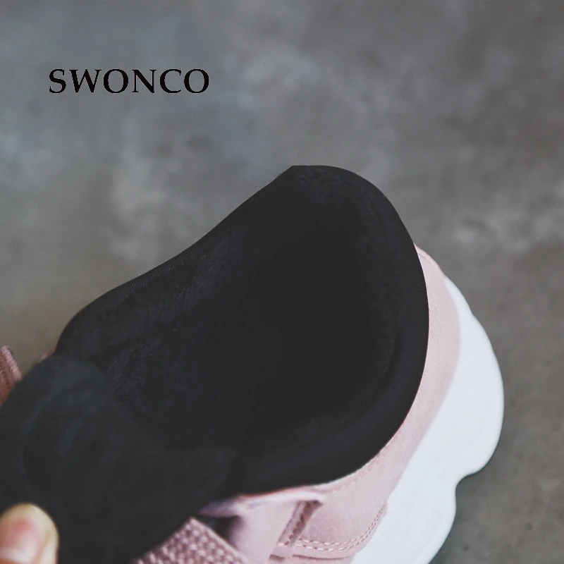 Женские зимние кроссовки SWONCO коллекция 2018 года кожаные с коротким плюшем теплая