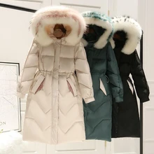 Женская зимняя куртка, 90%, белый утиный пух, пальто, парка, натуральный мех, воротник, утолщенный, с капюшоном, пуховик, женский, средней длины, пальто