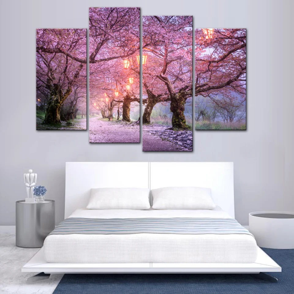 Картины настенные художественные украшения дома рамки 4 шт. розовые вишни дерево для гостиной современный пейзаж живопись плакаты