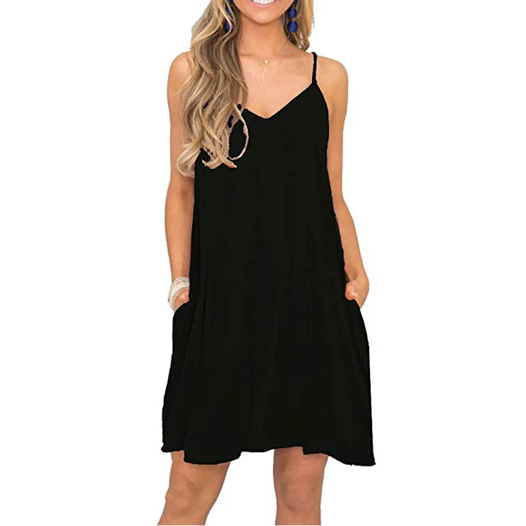

Women Spaghetti Straps Black Dress Ladies Casual Solid Color Strappy Boho Pockets Beach Mini Dress Suspender Sundress robe femme