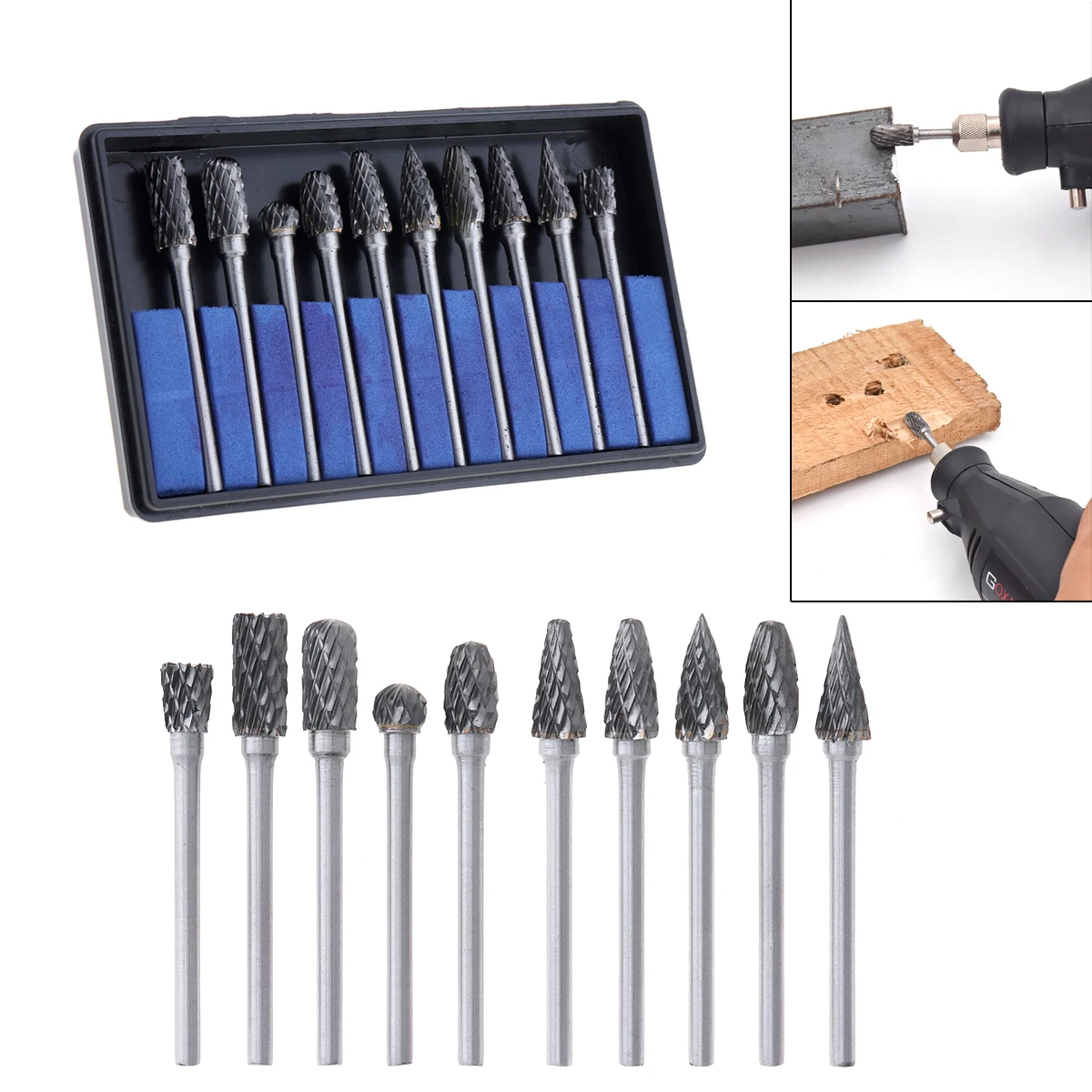 

10pcs/lot 3 x 6mm Carbide Rotary File Tungsten with Plastic Box for Polished / Carved / Polishing