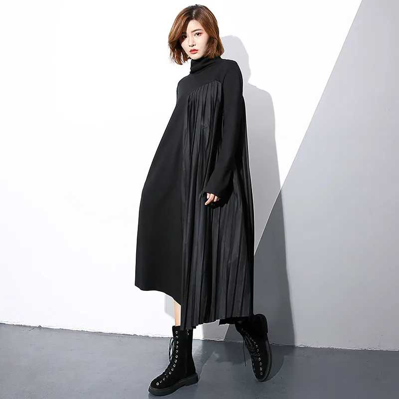 

[Aiweier] Women's Large Size Long Sleeve Dress Autumn High Collar Pleated Irregular Black Loose Black Casual Women Dresses
