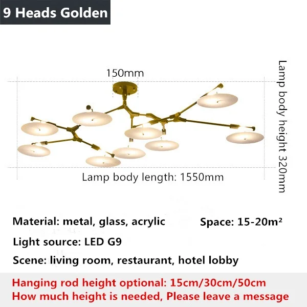 Postmodern LED living room chandelier ceiling bedroom hanging light home lighting Nordic deco fixtures Gold/black suspended lamp - Цвет абажура: 9 Heads Golden