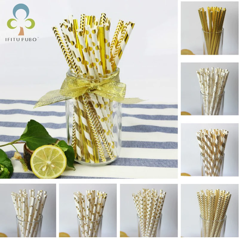 50pcs Gold Theme Paper Straws Birthday Wedding Decorative Event Party