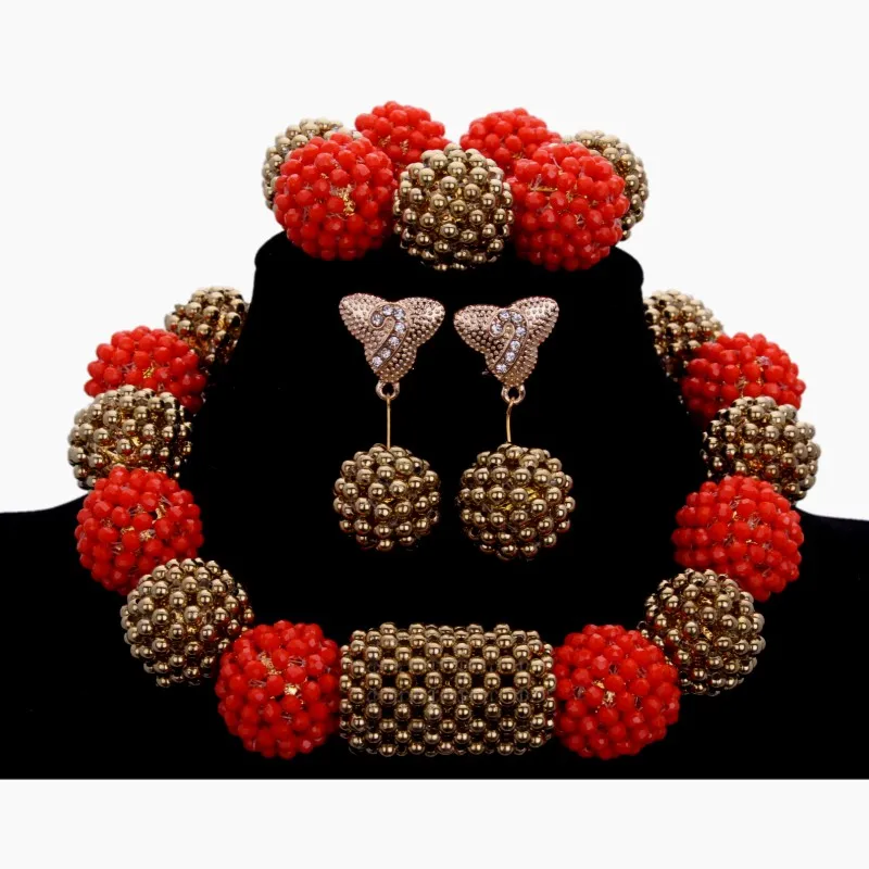 4UJewelry Dubai Gold Jewellery Red Balls African Beads Jewelry Set one Layer Choker Wedding Necklace Sets For Women Party 2018 | Украшения