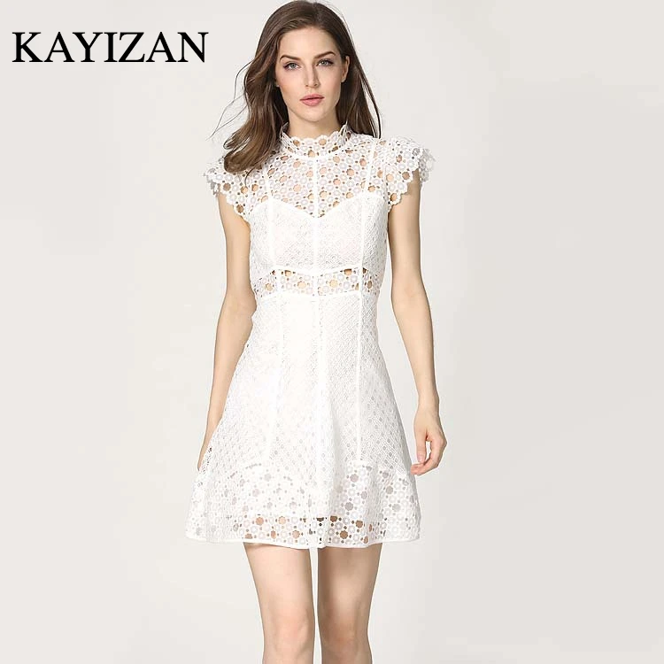 KAYIZAN 2018 New Delicate Lace Embroidered Slim Dress Women Short Sleeved Summer Flying Sleeve Sexy Elegant Holiday | Женская одежда