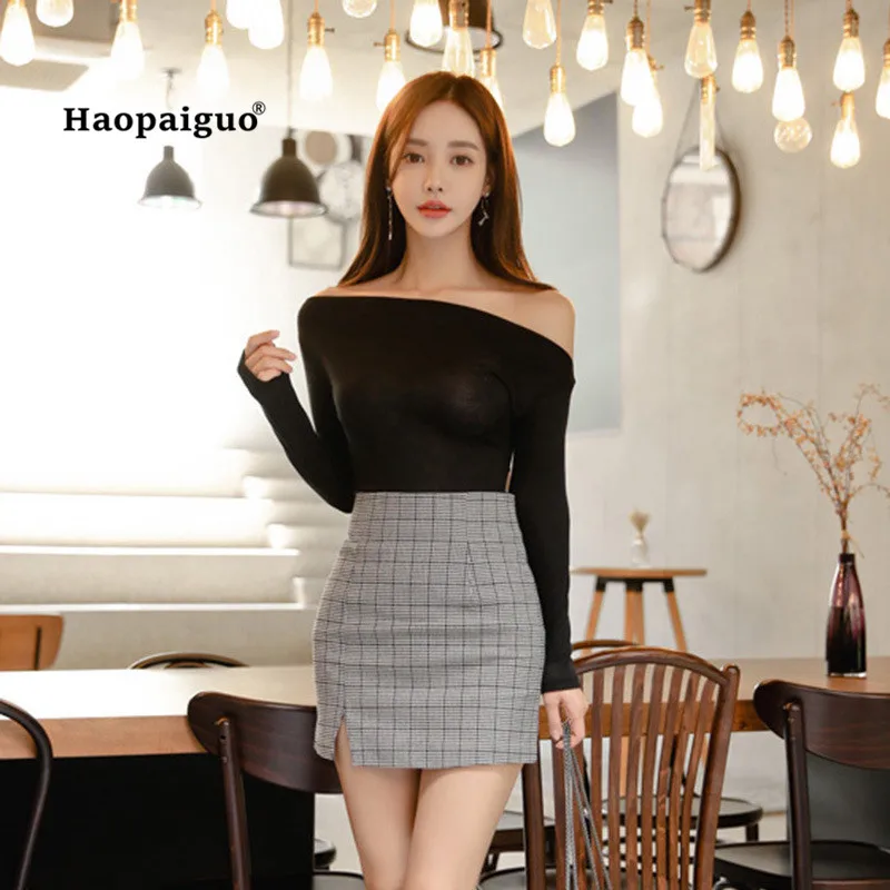 

2 Piece Set 2018 Autumn Women Black Long Sleeve Slash Neck Sexy Casual Top and Bodycon Bandage Plaid Mini Skirt Two Piece Set