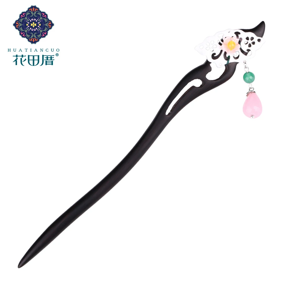 Ethnic Handmade Pendant Hair Sticks White Sector ShapePink Shell Petal Black And Ebony Green Stone Bead Woman Jewelry FZ-17005