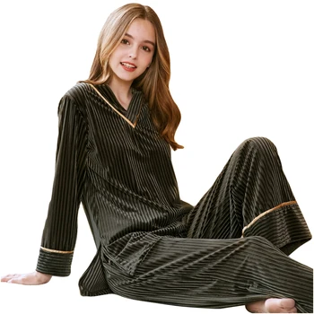 

2018 New Arrival Women Twinset Velour Pajamas Set Long Sleeve Leng Pants V-Neck Sleepwear Autumn Fashion Breathable Pyjamas