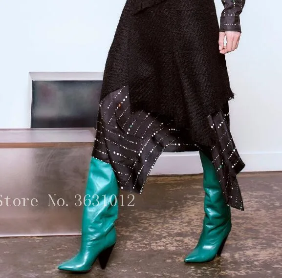 

Red Green Leather Over Laith Knee High Boots Woman Spike Heels Autumn Winter Motorcycle Booties Point Toe Botas Mujer Shoes