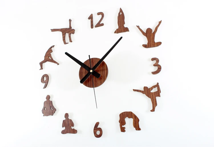 Tanie 2017 Hot kreatywny joga zegar ścienny diy akryl lub drewno materiał ścienny wyciszenie zegara Sweep ruch naklejki na ścianę w formie zegara