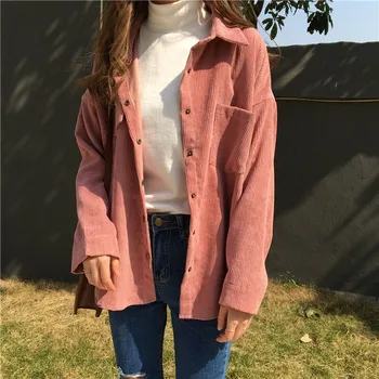 

2 Colors 2018 Autumn Women Loose Jackets Korean Long Sleeve Corduroy Jackets Outwear Casual Pocket Solid Jackets
