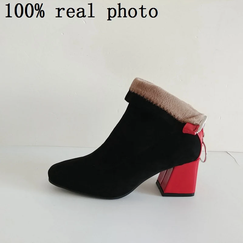REAVE CAT/Зимние ботильоны; женская обувь с острым носком из искусственной замши; толстый каблук; молния; Botas feminino mujer; черный цвет; Высокий каблук; A1354