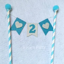 Пользовательский 2 второй день рождения торт овсянки синий День рождения торт Toppers помпонами Серебряное сердце торт Аксессуары digital2