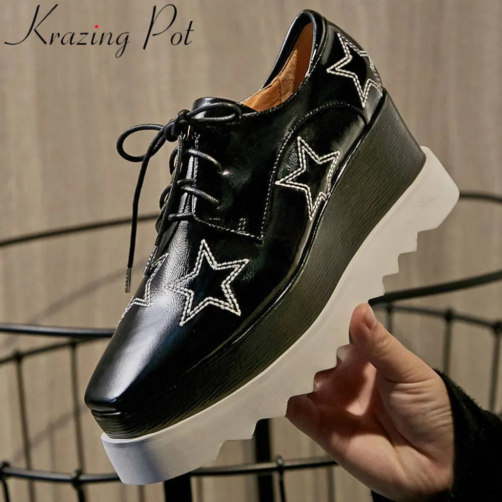 

Krazing Pot new fashion full grain leather wedges high bottom platform lace up European Punk style square toe sewing pumps L18
