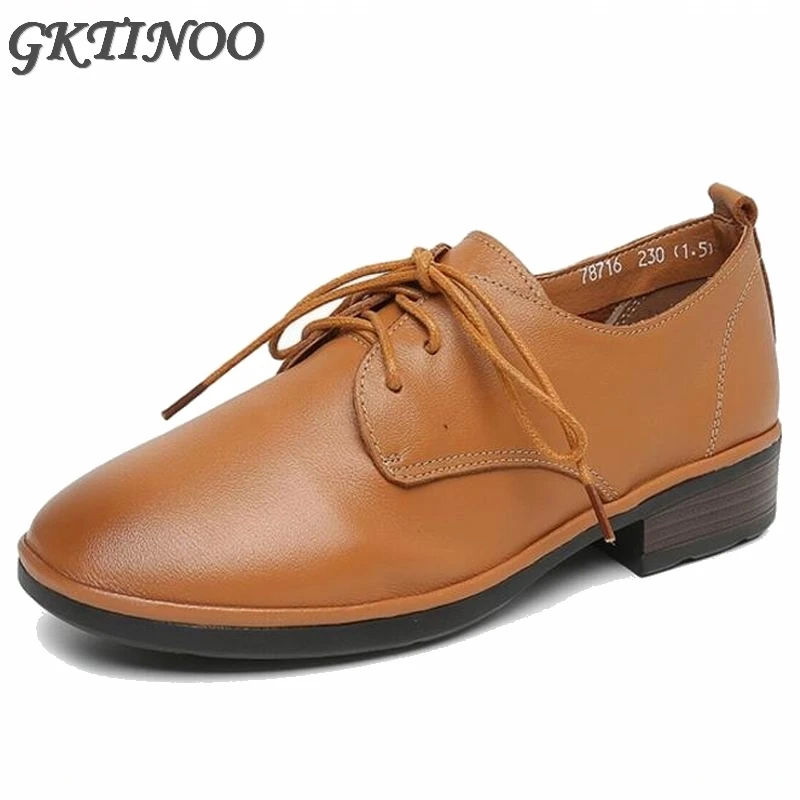 Genuine Leather Women Oxford Shoes British Style Round Toe Lace up Women Office & Career Shoes